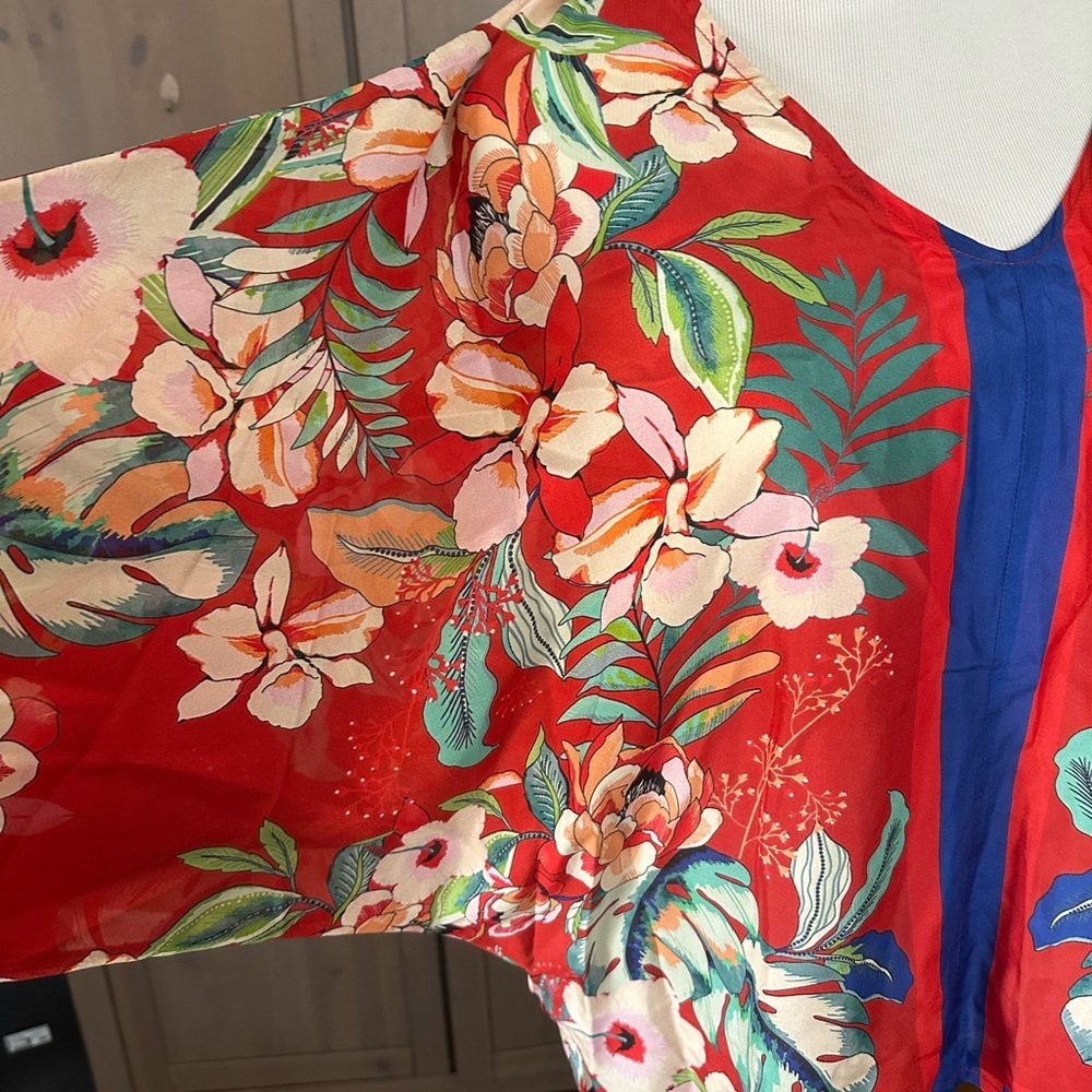 Johnny Was Red and Blue 100% silk Floral V-Neck Blouse - Picture 2 of 6